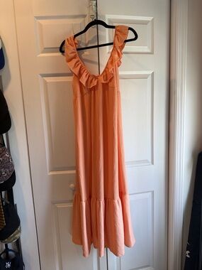 Caution To The Wind Coral Ruffle-Trim Maxi Dress